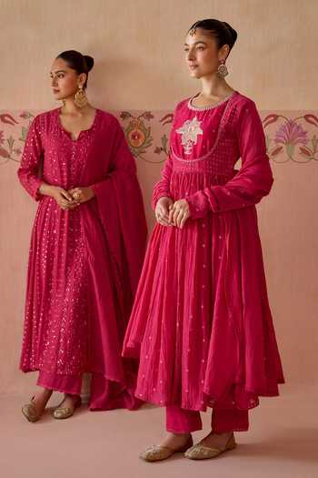 Shop Kritika Dawar Magenta Chanderi, Cotton Round Neck Evara Embroidered Anarkali Set Shop_Kritika Dawar_Magenta Chanderi, Cotton Round Neck Evara Embroidered Anarkali Set