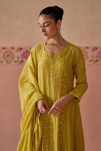 Buy Kritika Dawar Yellow Chanderi, Cotton Saanjh Sequin Embroidered Kurta Set Online at Aza Fashions Buy_Kritika Dawar_Yellow Chanderi, Cotton Saanjh Sequin Embroidered Kurta Set _Online_at_Aza_Fashions