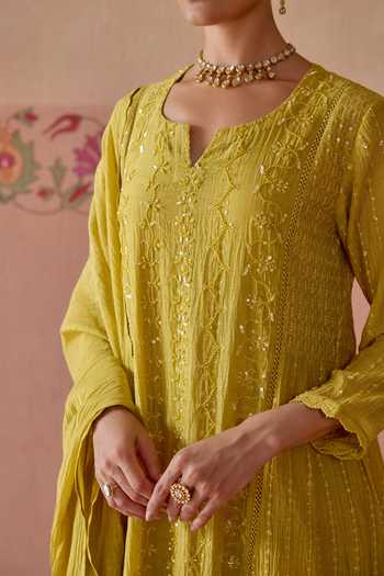 Shop Kritika Dawar Yellow Chanderi, Cotton Saanjh Sequin Embroidered Kurta Set Shop_Kritika Dawar_Yellow Chanderi, Cotton Saanjh Sequin Embroidered Kurta Set