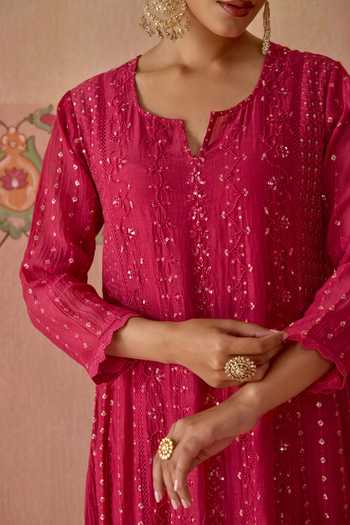 Shop Kritika Dawar Pink Chanderi, Cotton Split V-neck, Yes Saanjh Thread Embroidered Kurta Set Shop_Kritika Dawar_Pink Chanderi, Cotton Split V-neck, Yes Saanjh Thread Embroidered Kurta Set