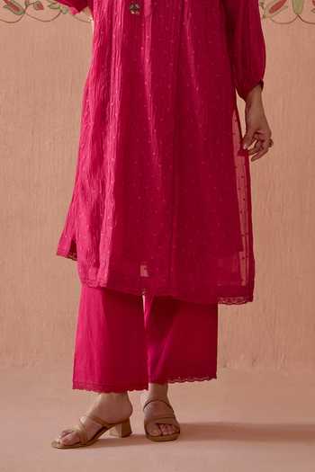 Kritika Dawar Magenta Chanderi, Cotton Round Neck Ziya Neckline Embroidered Kurta And Pant Set Online at Aza Fashions Kritika Dawar_Magenta Chanderi, Cotton Round Neck Ziya Neckline Embroidered Kurta And Pant Set _Online_at_Aza_Fashions