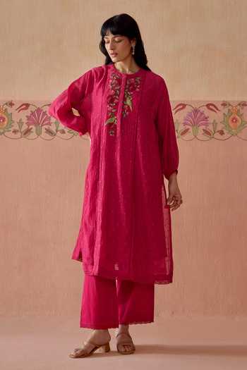 Buy Kritika Dawar Magenta Chanderi, Cotton Round Neck Ziya Neckline Embroidered Kurta And Pant Set Online at Aza Fashions Buy_Kritika Dawar_Magenta Chanderi, Cotton Round Neck Ziya Neckline Embroidered Kurta And Pant Set _Online_at_Aza_Fashions