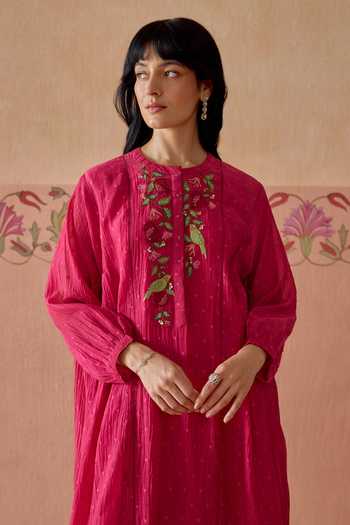 Shop Kritika Dawar Magenta Chanderi, Cotton Round Neck Ziya Neckline Embroidered Kurta And Pant Set Online at Aza Fashions Shop_Kritika Dawar_Magenta Chanderi, Cotton Round Neck Ziya Neckline Embroidered Kurta And Pant Set _Online_at_Aza_Fashions