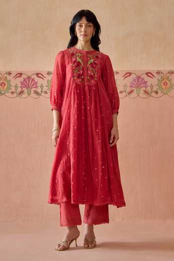 Buy Kritika Dawar Red Chanderi, Cotton Round Neck, Yes Aayra Embroidered Kurta Set Online at Aza Fashions Buy_Kritika Dawar_Red Chanderi, Cotton Round Neck, Yes Aayra Embroidered Kurta Set _Online_at_Aza_Fashions