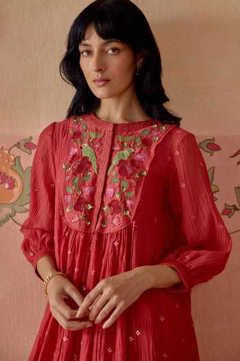 Shop Kritika Dawar Red Chanderi, Cotton Round Neck, Yes Aayra Embroidered Kurta Set Online at Aza Fashions Shop_Kritika Dawar_Red Chanderi, Cotton Round Neck, Yes Aayra Embroidered Kurta Set _Online_at_Aza_Fashions