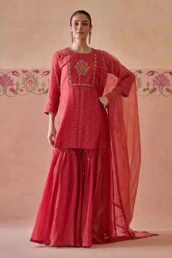 Buy Kritika Dawar Coral Chanderi, Organza Round Neck Ruh Embroidered Kurta Gharara Set Online at Aza Fashions Buy_Kritika Dawar_Coral Chanderi, Organza Round Neck Ruh Embroidered Kurta Gharara Set _Online_at_Aza_Fashions