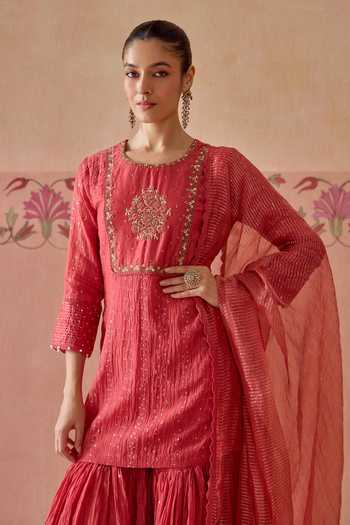 Shop Kritika Dawar Coral Chanderi, Organza Round Neck Ruh Embroidered Kurta Gharara Set Online at Aza Fashions Shop_Kritika Dawar_Coral Chanderi, Organza Round Neck Ruh Embroidered Kurta Gharara Set _Online_at_Aza_Fashions