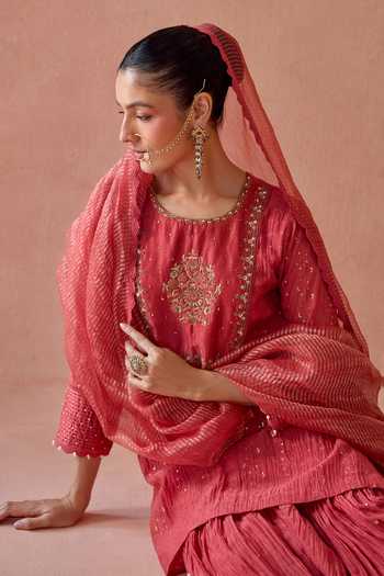 Kritika Dawar Coral Chanderi, Organza Round Neck Ruh Embroidered Kurta Gharara Set at Aza Fashions Kritika Dawar_Coral Chanderi, Organza Round Neck Ruh Embroidered Kurta Gharara Set _at_Aza_Fashions
