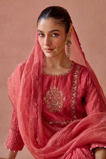 Buy Kritika Dawar Coral Chanderi, Organza Round Neck Ruh Embroidered Kurta Gharara Set Buy_Kritika Dawar_Coral Chanderi, Organza Round Neck Ruh Embroidered Kurta Gharara Set