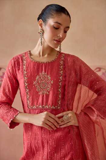 Shop Kritika Dawar Coral Chanderi, Organza Round Neck Ruh Embroidered Kurta Gharara Set Shop_Kritika Dawar_Coral Chanderi, Organza Round Neck Ruh Embroidered Kurta Gharara Set