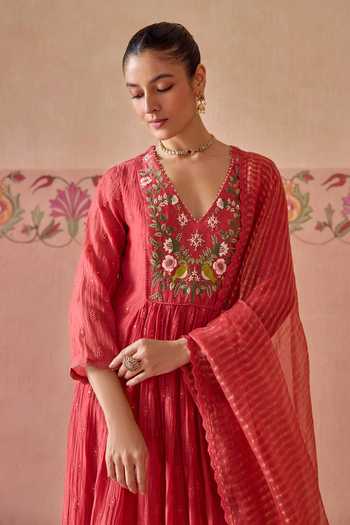 Shop Kritika Dawar Coral Chanderi, Cotton, Organza V-neck Chirai Yoke Embroidered Kurta Set Online at Aza Fashions Shop_Kritika Dawar_Coral Chanderi, Cotton, Organza V-neck Chirai Yoke Embroidered Kurta Set _Online_at_Aza_Fashions