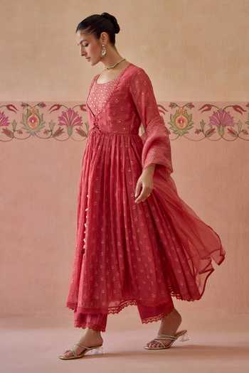 Kritika Dawar Pink Chanderi, Cotton, Organza Scoop Neck Falak Embroidered Aanarkali Set Online at Aza Fashions Kritika Dawar_Pink Chanderi, Cotton, Organza Scoop Neck Falak Embroidered Aanarkali Set _Online_at_Aza_Fashions