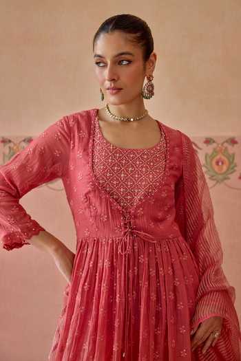 Shop Kritika Dawar Pink Chanderi, Cotton, Organza Scoop Neck Falak Embroidered Aanarkali Set Online at Aza Fashions Shop_Kritika Dawar_Pink Chanderi, Cotton, Organza Scoop Neck Falak Embroidered Aanarkali Set _Online_at_Aza_Fashions