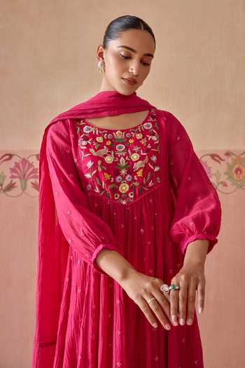 Buy Kritika Dawar Magenta Chanderi, Cotton Round Neck Phool Embroidered Kurta Set Online at Aza Fashions Buy_Kritika Dawar_Magenta Chanderi, Cotton Round Neck Phool Embroidered Kurta Set _Online_at_Aza_Fashions