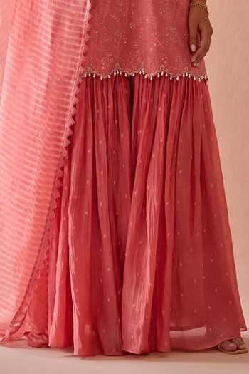 Kritika Dawar Pink Chanderi, Organza Halter Neck Ira Floral Thread Work Kurta Gharara Set Online at Aza Fashions Kritika Dawar_Pink Chanderi, Organza Halter Neck Ira Floral Thread Work Kurta Gharara Set _Online_at_Aza_Fashions
