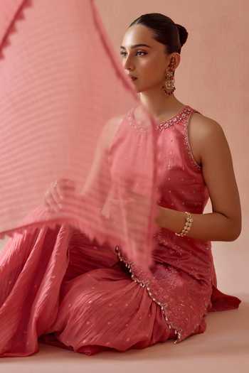 Buy Kritika Dawar Pink Chanderi, Organza Halter Neck Ira Floral Thread Work Kurta Gharara Set Online at Aza Fashions Buy_Kritika Dawar_Pink Chanderi, Organza Halter Neck Ira Floral Thread Work Kurta Gharara Set _Online_at_Aza_Fashions