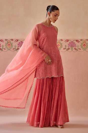 Shop Kritika Dawar Pink Chanderi, Organza Halter Neck Ira Floral Thread Work Kurta Gharara Set Online at Aza Fashions Shop_Kritika Dawar_Pink Chanderi, Organza Halter Neck Ira Floral Thread Work Kurta Gharara Set _Online_at_Aza_Fashions