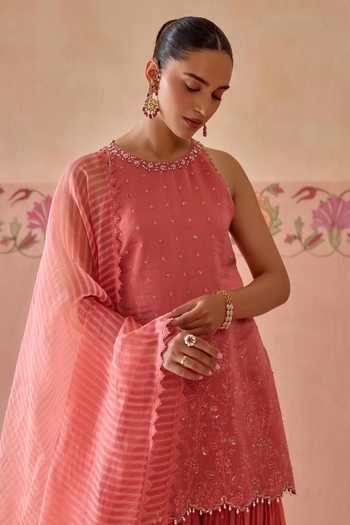 Kritika Dawar Pink Chanderi, Organza Halter Neck Ira Floral Thread Work Kurta Gharara Set at Aza Fashions Kritika Dawar_Pink Chanderi, Organza Halter Neck Ira Floral Thread Work Kurta Gharara Set _at_Aza_Fashions