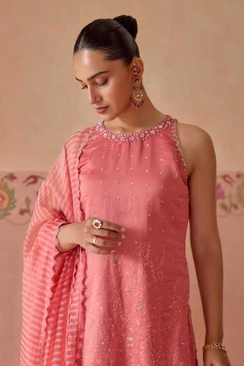 Buy Kritika Dawar Pink Chanderi, Organza Halter Neck Ira Floral Thread Work Kurta Gharara Set Buy_Kritika Dawar_Pink Chanderi, Organza Halter Neck Ira Floral Thread Work Kurta Gharara Set