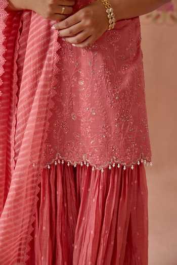 Shop Kritika Dawar Pink Chanderi, Organza Halter Neck Ira Floral Thread Work Kurta Gharara Set Shop_Kritika Dawar_Pink Chanderi, Organza Halter Neck Ira Floral Thread Work Kurta Gharara Set