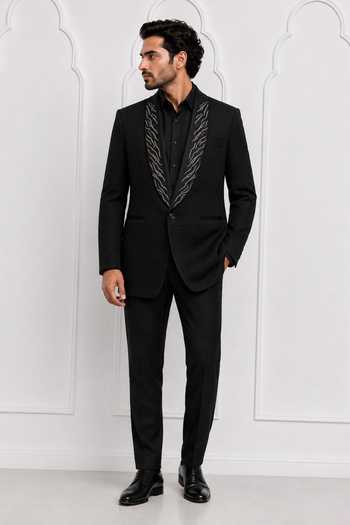 Nivedita Saboo Black Velvet Beads, Cut Work, Fringe Textured Pattern Double Breasted Tuxedo Online at Aza Fashions Nivedita Saboo_Black Velvet Beads, Cut Work, Fringe Textured Pattern Double Breasted Tuxedo _Online_at_Aza_Fashions