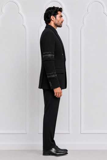 Buy Nivedita Saboo Black Velvet Beads, Cut Work, Fringe Textured Pattern Double Breasted Tuxedo Online at Aza Fashions Buy_Nivedita Saboo_Black Velvet Beads, Cut Work, Fringe Textured Pattern Double Breasted Tuxedo _Online_at_Aza_Fashions