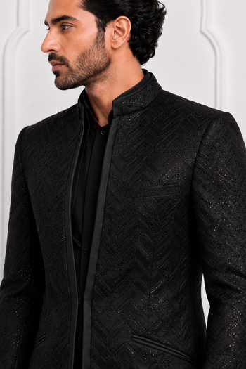 Buy_Nivedita Saboo_Black Knit Beads Shimmery Bandhgala _Online_at_Aza_Fashions