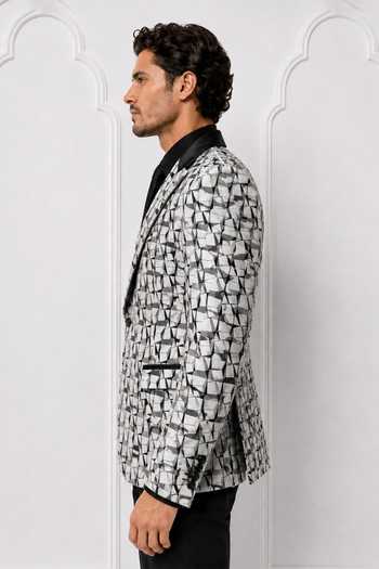 Buy_Nivedita Saboo_Black Jacquard Embroidery, Sequins Abstract Mosaic Woven Tuxedo _Online_at_Aza_Fashions