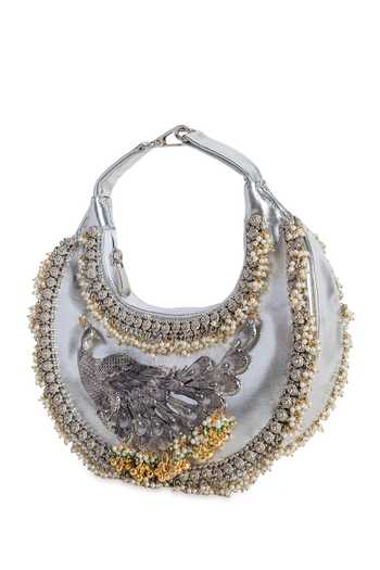 Buy_5elements_Silver Mayura Peacock Artistry Handbag _Online_at_Aza_Fashions