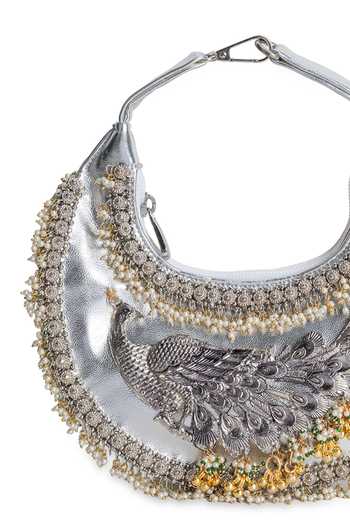 Shop_5elements_Silver Mayura Peacock Artistry Handbag _Online_at_Aza_Fashions