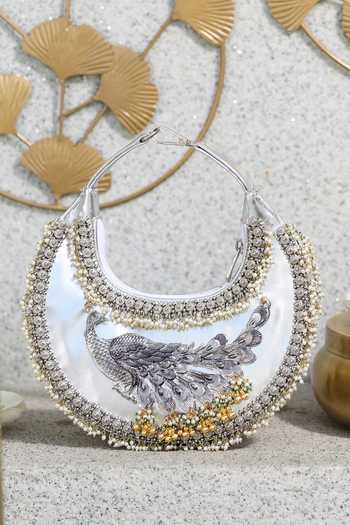 5elements_Silver Mayura Peacock Artistry Handbag _at_Aza_Fashions