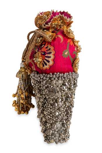 5elements_Red Beads, Tassels, Metallic Thread Mehrunisa Ghunghroo Potli _Online_at_Aza_Fashions