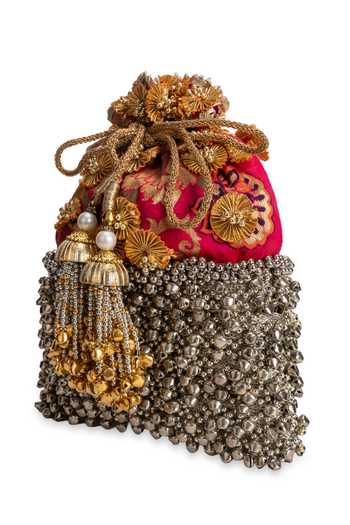 5elements_Red Beads, Tassels, Metallic Thread Mehrunisa Ghunghroo Potli _at_Aza_Fashions