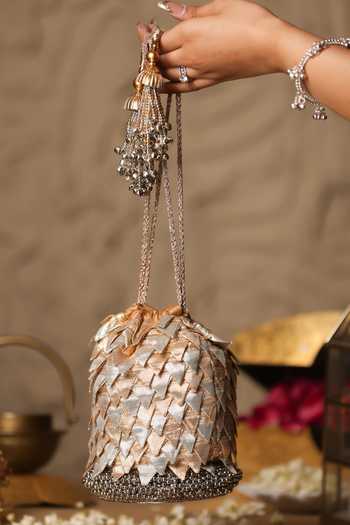 5elements_Gold Beads, Tassels, Metallic Thread, Fabric Flowers Phoolwari Shimmering Potli _Online_at_Aza_Fashions