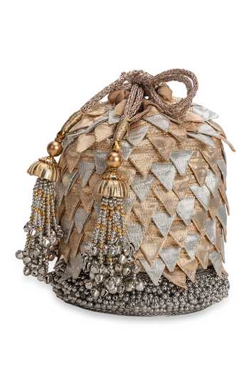 Buy_5elements_Gold Beads, Tassels, Metallic Thread, Fabric Flowers Phoolwari Shimmering Potli _Online_at_Aza_Fashions