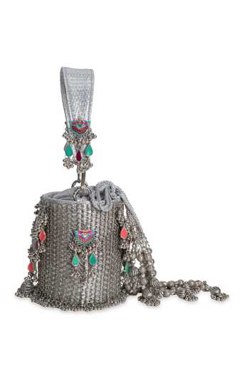 5elements_Silver Beads, Tassels, Metallic Thread Shahnoor Embellished Potli _Online_at_Aza_Fashions