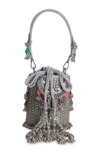 Buy_5elements_Silver Beads, Tassels, Metallic Thread Shahnoor Embellished Potli _Online_at_Aza_Fashions