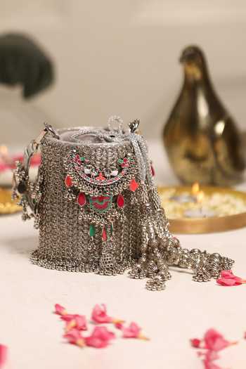 Shop_5elements_Silver Beads, Tassels, Metallic Thread Shahnoor Embellished Potli _Online_at_Aza_Fashions