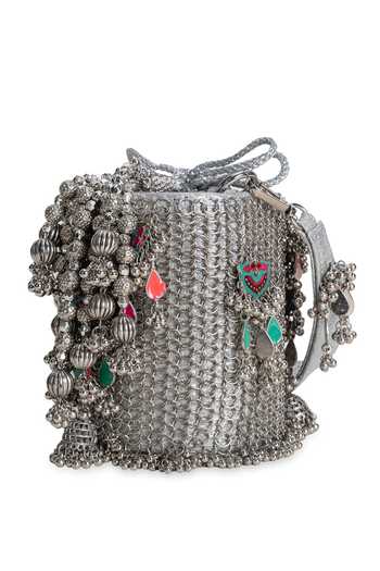 5elements_Silver Beads, Tassels, Metallic Thread Shahnoor Embellished Potli _at_Aza_Fashions