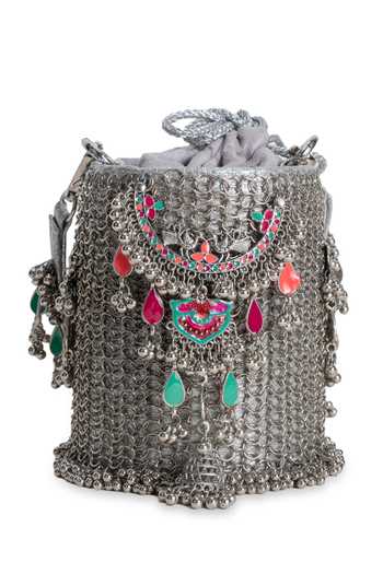 Buy_5elements_Silver Beads, Tassels, Metallic Thread Shahnoor Embellished Potli 
