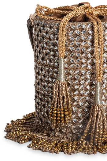 5elements_Gold Beads, Crystals, Tassels, Fringe Nayab Embellished Potli _at_Aza_Fashions