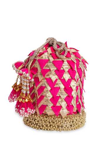 5elements Pink Beads, Pearls, Tassels Gulrang Embellished Potli Online at Aza Fashions 5elements_Pink Beads, Pearls, Tassels Gulrang Embellished Potli _Online_at_Aza_Fashions