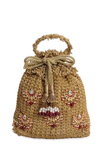 5elements_Gold Embroidery, Beads, Pearls, Zari, Kanakriti Intricate Embellished Potli _Online_at_Aza_Fashions