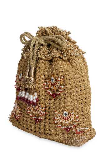 Buy_5elements_Gold Embroidery, Beads, Pearls, Zari, Kanakriti Intricate Embellished Potli 