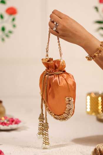 Buy_5elements_Orange Beads, Pearls, Tassels Kesiya Elephant Motif Beadwork Potli _Online_at_Aza_Fashions