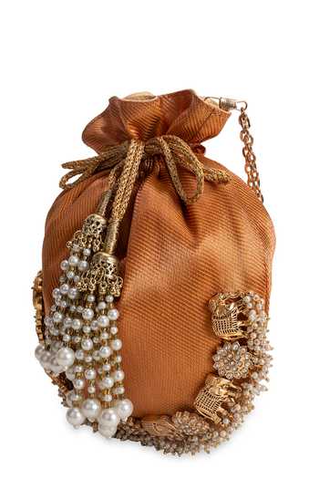 Buy_5elements_Orange Beads, Pearls, Tassels Kesiya Elephant Motif Beadwork Potli 