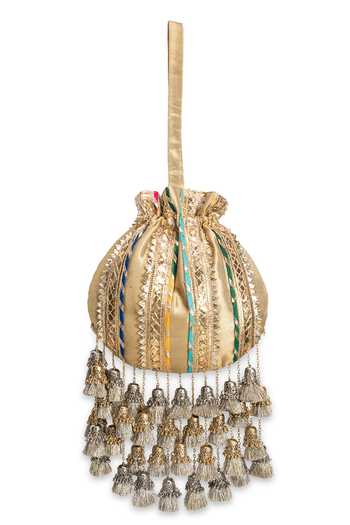 5elements_Gold Zari, Tassels, Metallic Thread Rangmahal Ccadting Potli _at_Aza_Fashions