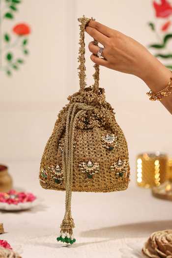 5elements_Gold Beads, Pearls, Zari, Stones, Tassels Rajika Kundan Motif Embellished Potli _Online_at_Aza_Fashions