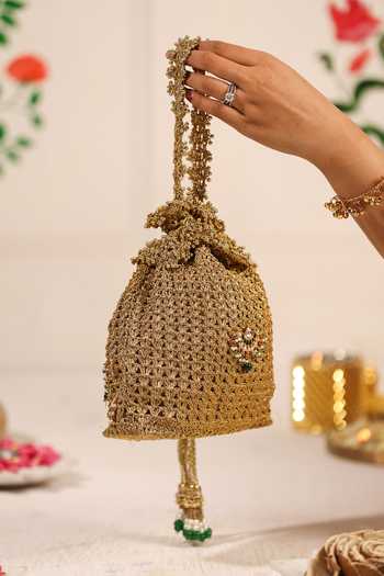 Buy_5elements_Gold Beads, Pearls, Zari, Stones, Tassels Rajika Kundan Motif Embellished Potli _Online_at_Aza_Fashions