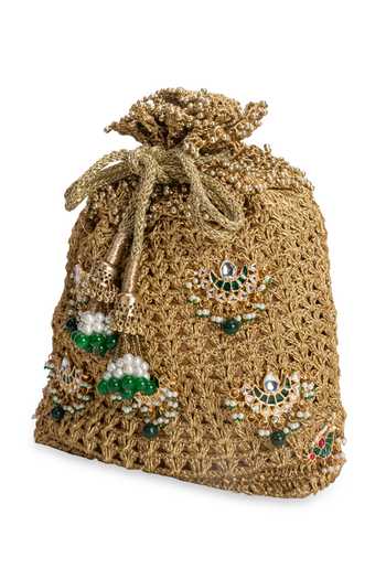 Shop_5elements_Gold Beads, Pearls, Zari, Stones, Tassels Rajika Kundan Motif Embellished Potli _Online_at_Aza_Fashions
